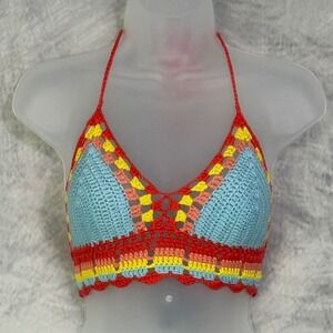 India Boutique Crochet Halter Crop Top Womens sz S Rainbow Festival Boho Beach